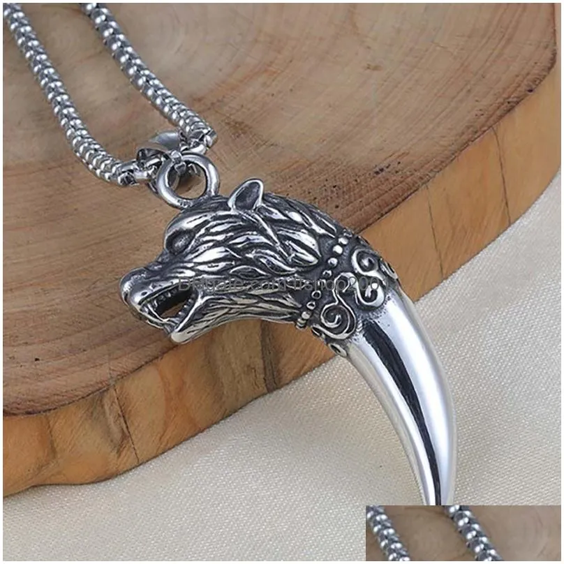wolf tooth pendant necklaces ancient silver stainless steel chain necklace women men hiphop fashion fine jewelry