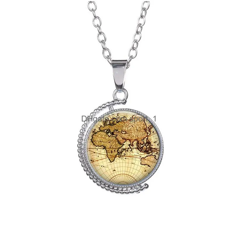 retro world map time gem pendant necklace double sided glass cabochon rotating sweater chain fashion jewelry for men women kid gift will and