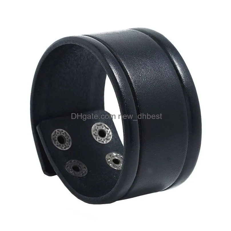 punk simple cow leather bangle cuff button adjustable bracelet wristand for men women fashion jewelry black