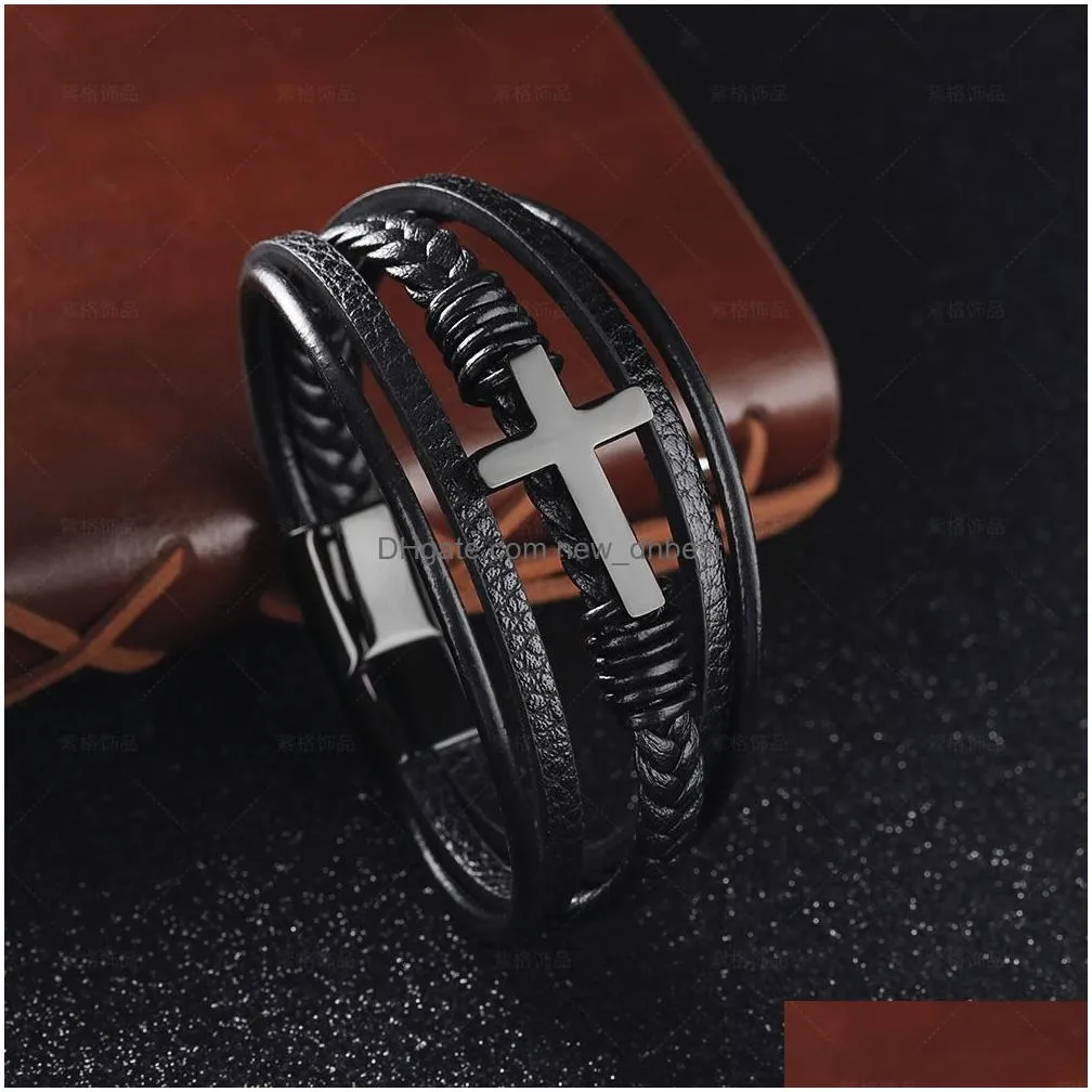 braided multilayer wrap genuine leather bracelet bangle cuff wristband gold stainless steel cross bracelets for men fashion jewelry will and