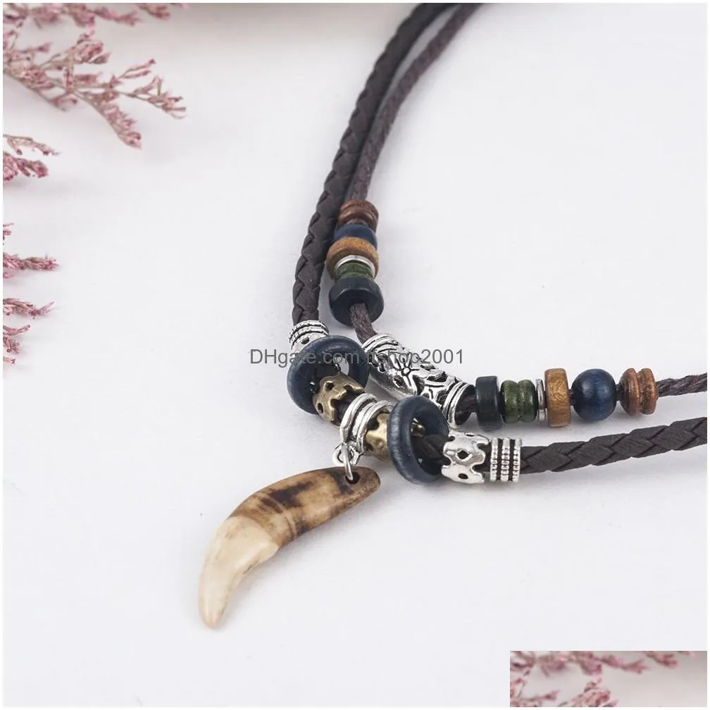 1pc mens bohemia tooth pendant leather beaded weaved necklaces christmas gift jewelry statement necklace