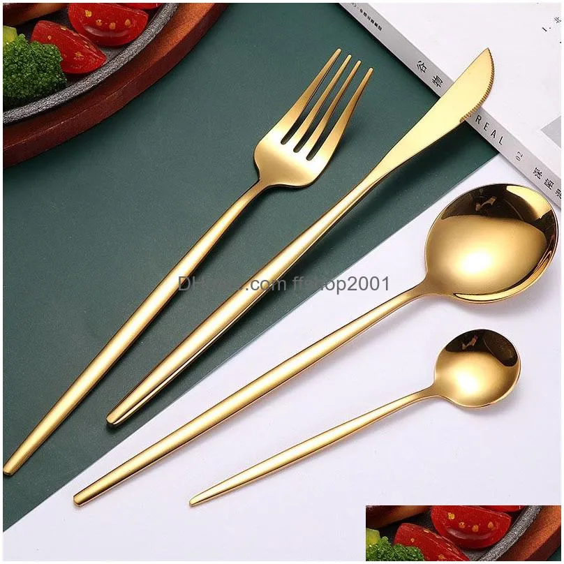 stainless steel stoving varnish handle spoon fork knife flatware set gold home el teaspoon steak knives drop ship