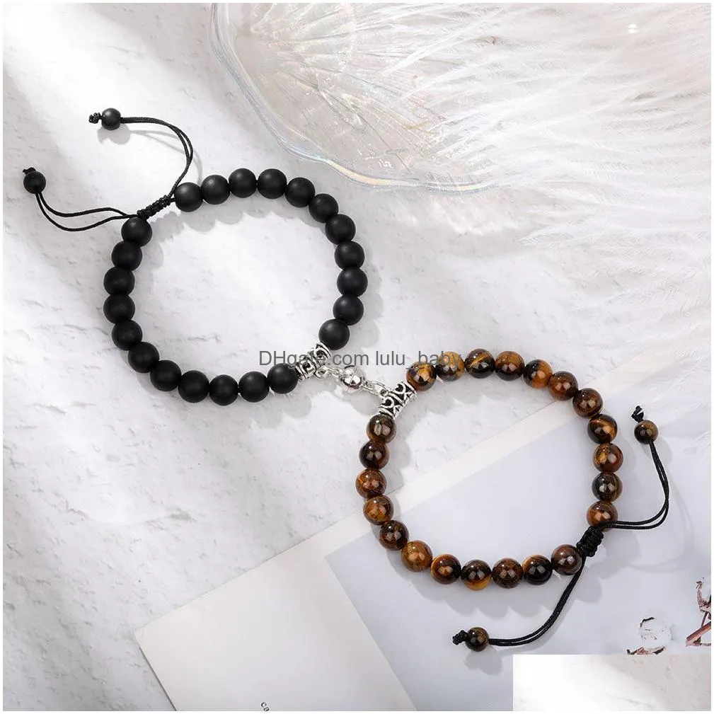 2pcs creative magnet attract couple charm strand bracelets good friend lover 8mm natural stone beads handmade braided rope woven bracelet for