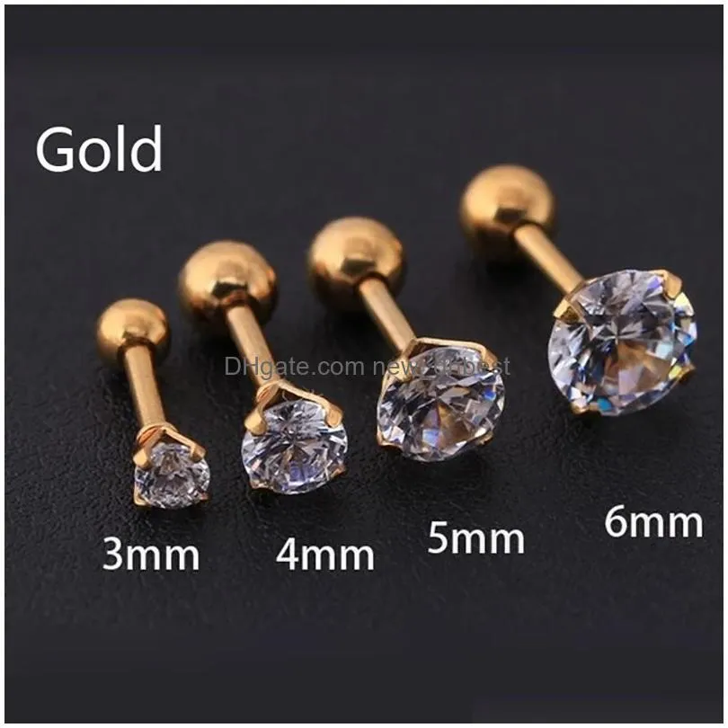 4 colors punk stud earrings medical stainless steel needle zircon crystal jewelry gift for men women