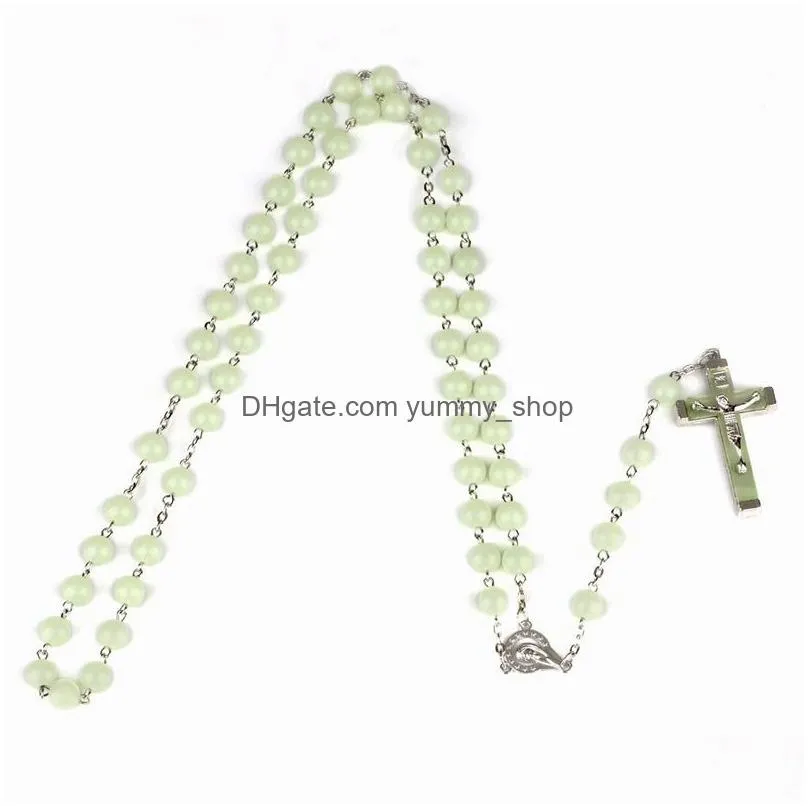 glow in the dark jesus crucifix cross pendant necklace night light fluorescence christ prayer beads necklaces for women girls fashion jewelry will and