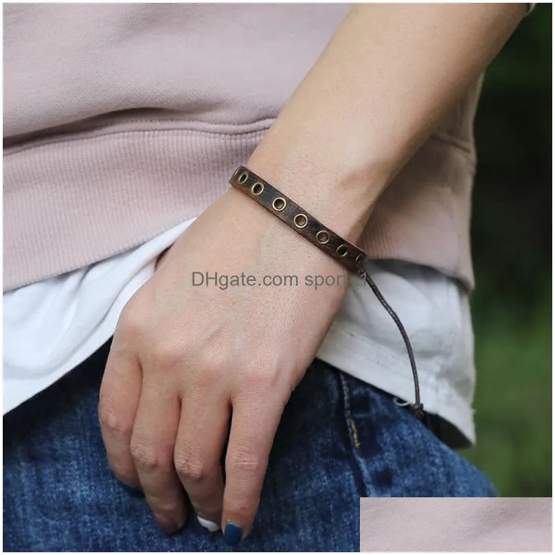 retro leather bangle cuff punk hole string adjustable bracelet wristband men fashion jewelry