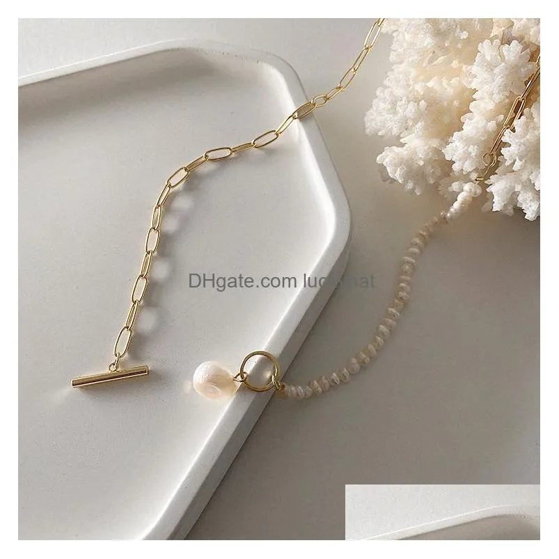 korean vintage natural freshwater pearl necklaces for women gold color link chain asymmetric toggle clasp circle choker necklace