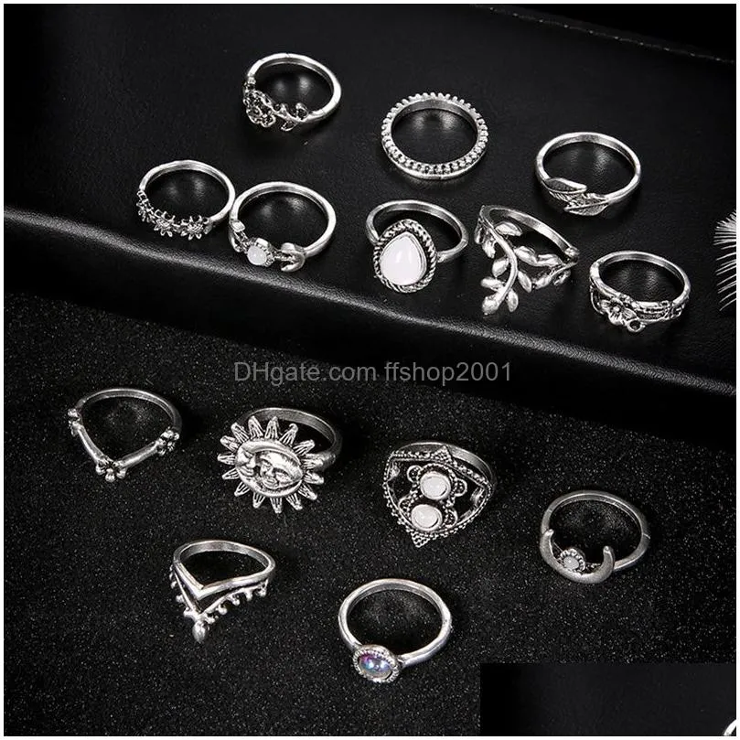 stone stacking rings crown moon leaf flower drop midi knuckle ring set women fashion jewelry will and sandy