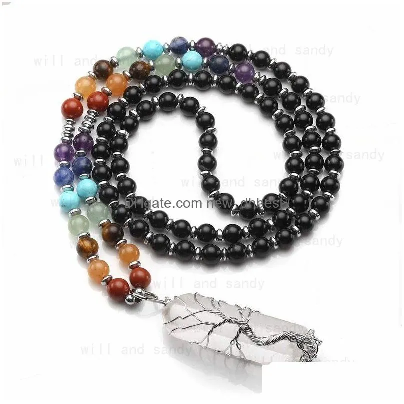 yoga 7 chakra natural stone beaded necklace clear quartz hexagonal prism tree of life crystal pendant necklaces women fashion jewelry