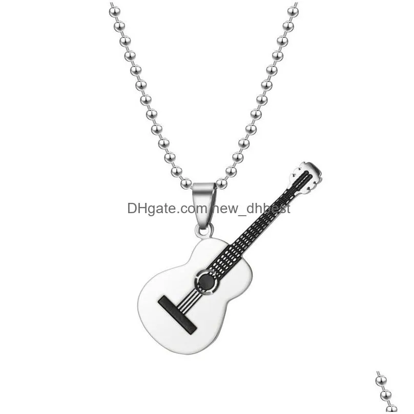 stainless steel music guitar pendant necklace women mens necklaces black gold hip hop fashion jewelry will and sandy gift