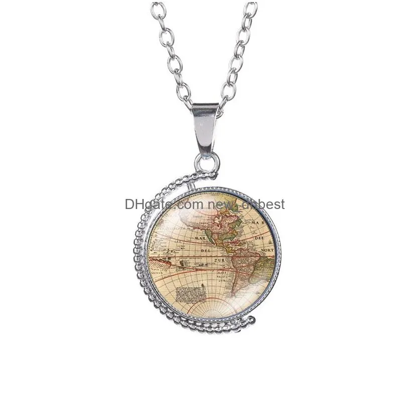 world map earth time gem necklace doublesided glass cabochono rotatable pendant necklaces chain women children fashion jewelry will and