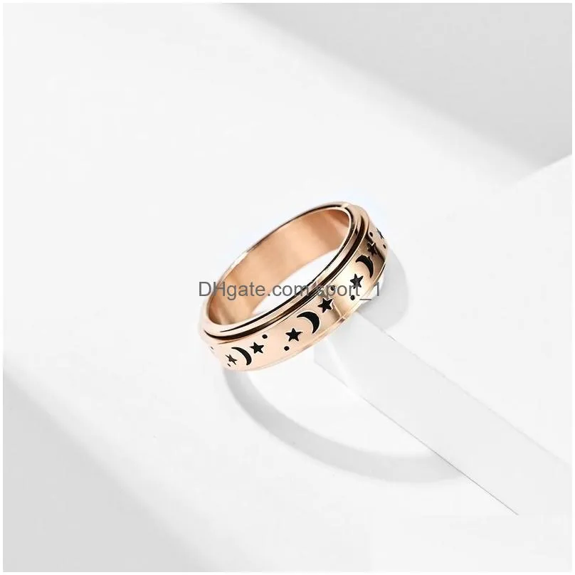 rotable stainless steal engraved star and moon ring spinner band finger for women men love rose gold relieving anxiety fashion jewelry will and