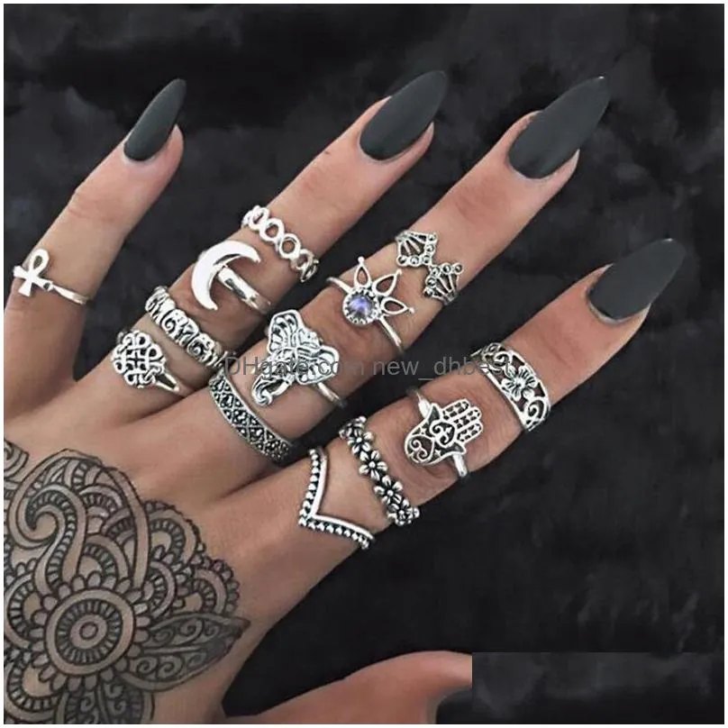 stacking ring set retro midi knuckle ring crown lotu leaf star elephant moon charm cluster rings for women fashion jewelry gift will and