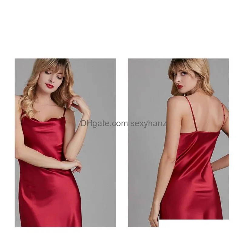 sexy imitation silk nightshirts satin spaghetti strap chemises nightgown sleepwear dress slim pajamas for women clothes