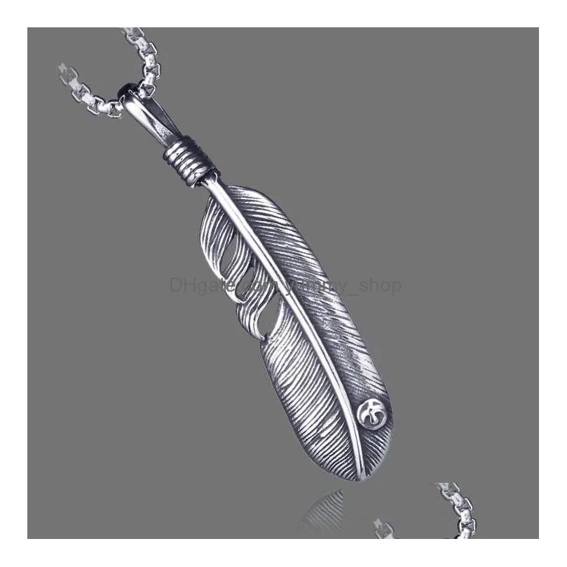 stainless steel retro feather pendant necklaces fashion hip hop necklace fine jewelry