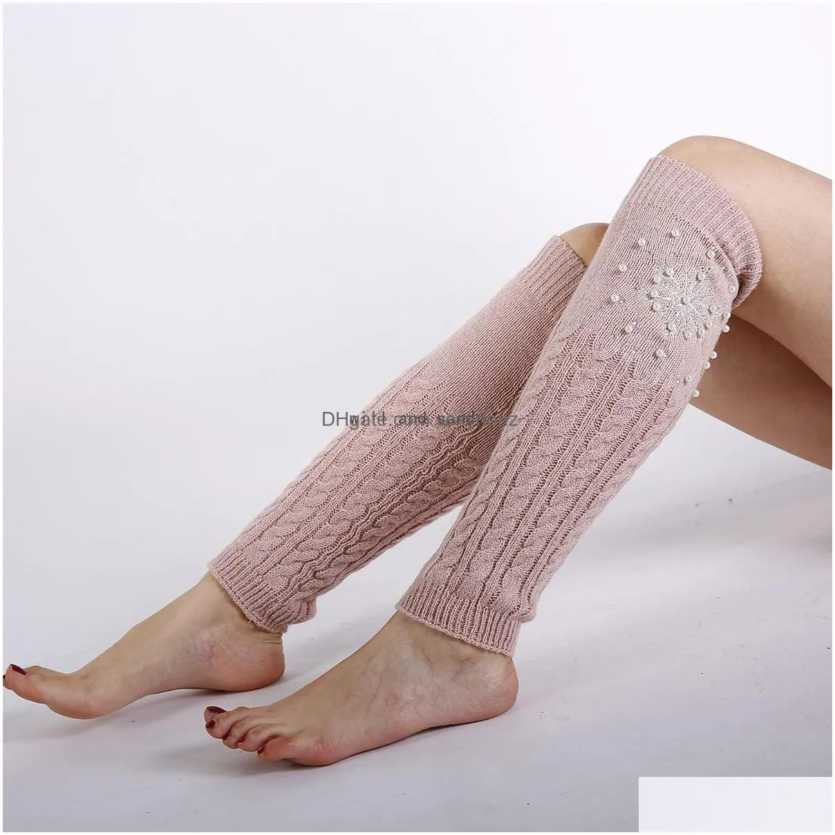 pearl snowflake knee high cashmere leg warmers socks knit boot cuffs toppers leggings women girls autumn winter loose stockings white black will and
