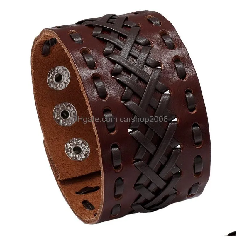 weave wide lace bandage leather bangle cuff button adjustable bracelet wristand for men women fashion jewelry black
