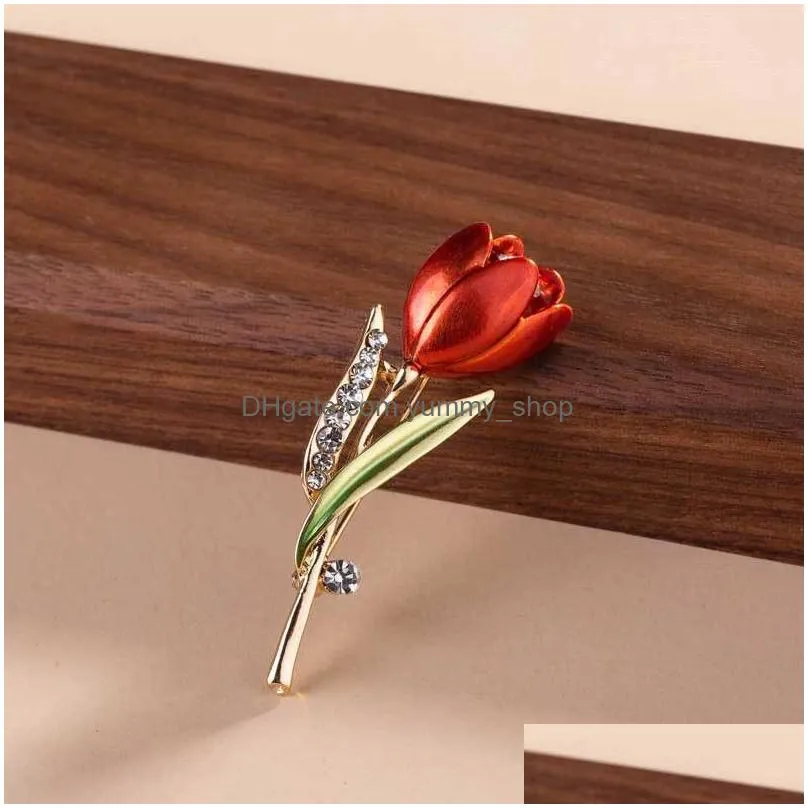 diamond flower tulip brooch pins enamel brooches corsage lapel pin wedding fashion jewelry for women