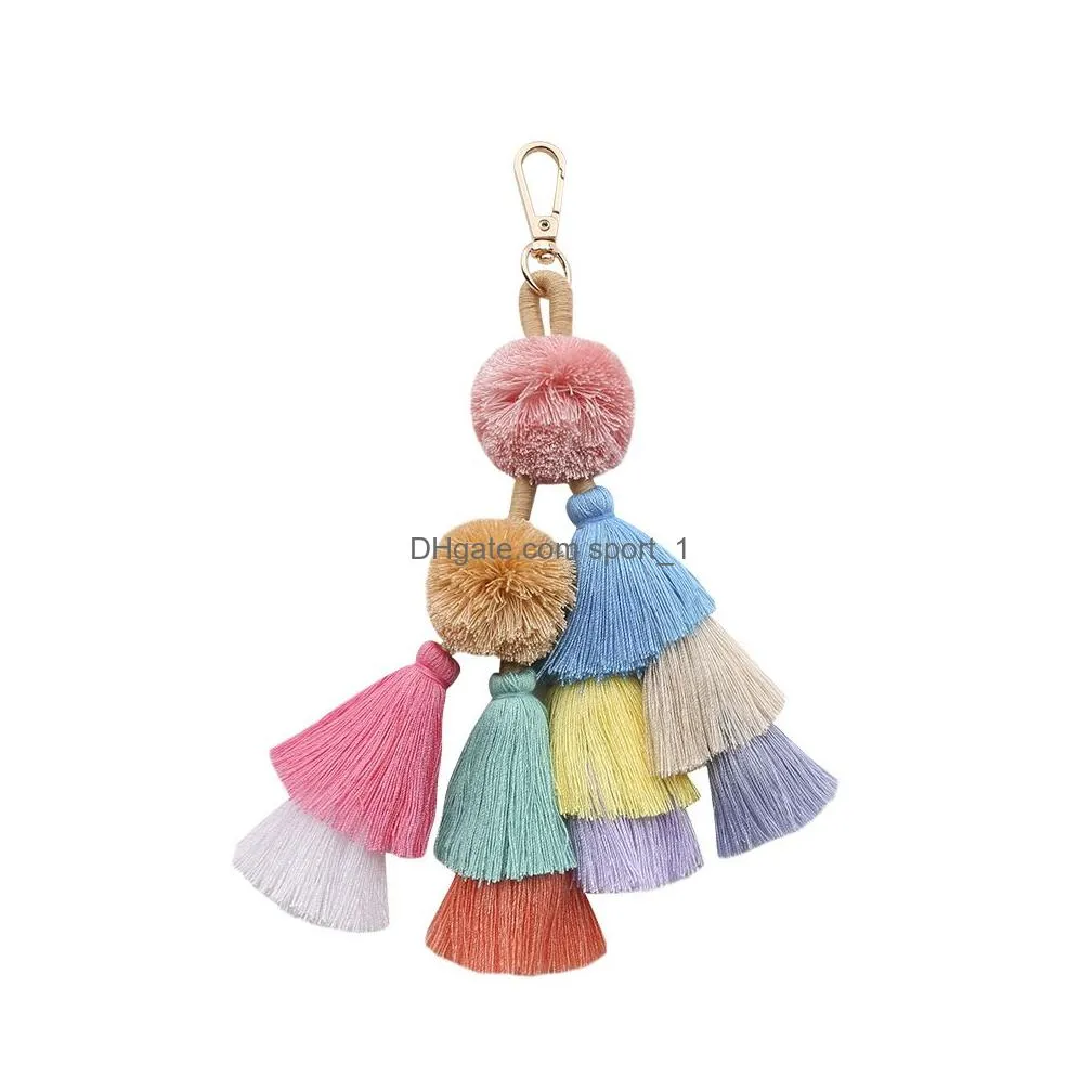 handmade multilayer colorful diy handbag tassel keychain purse accessories wall hanging key chain plush ball tassel keyring bag