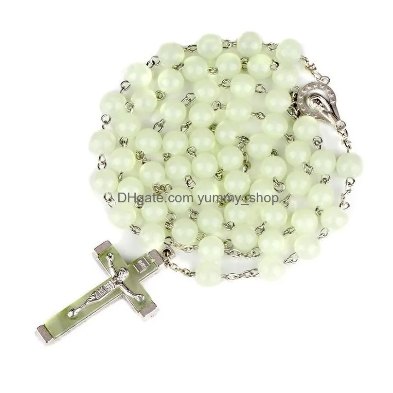 glow in the dark jesus crucifix cross pendant necklace night light fluorescence christ prayer beads necklaces for women girls fashion jewelry will and