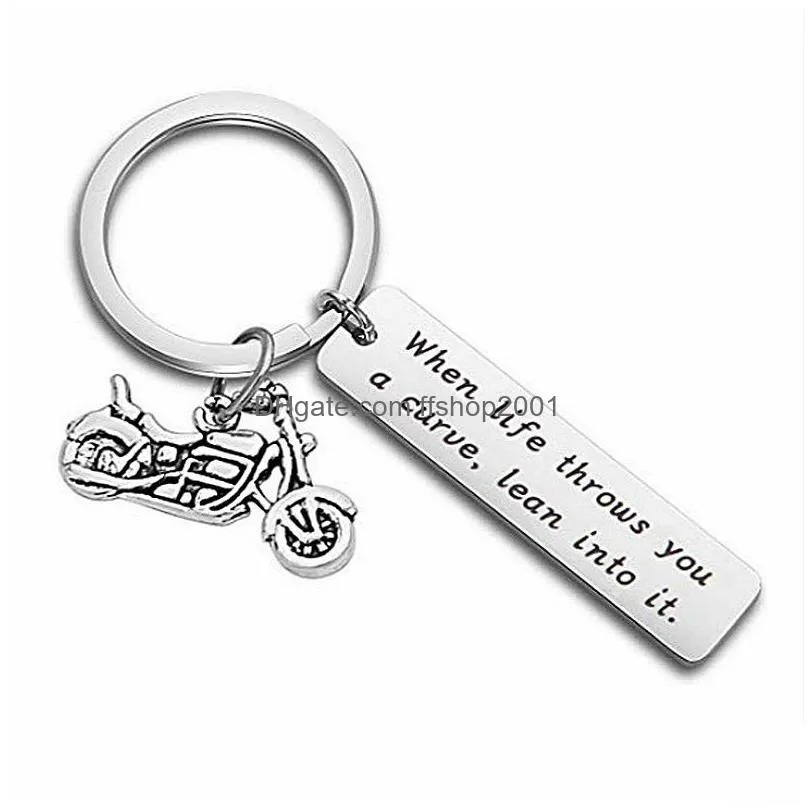 stainless steel letter tag with motorcycle key ring holders lovers keychain for women men fashion will and sandy