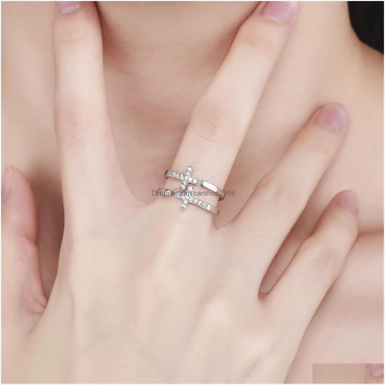 double layer diamond jesus cross ring band finger open adjustable hollow stacking rings women couple fashion jewelry gift will and