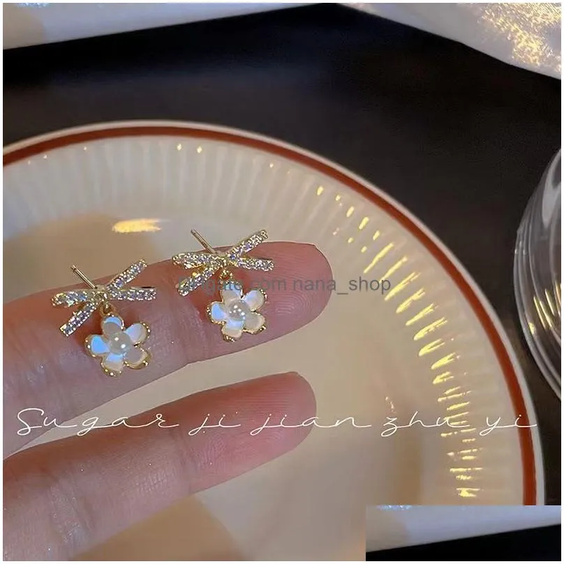 korean moon pearl zircon stud earrings for women elegant crystal flower cherry blossoms earring anniversary wedding jewelry