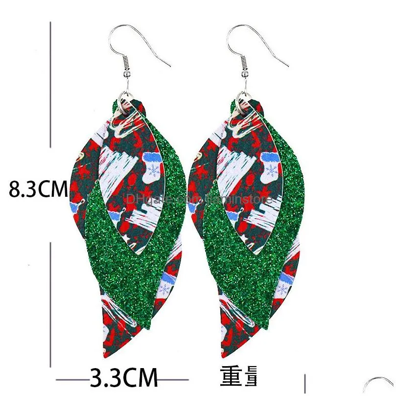 new christmas s shaped leather dangle earrings double layer women print teardrop leaf accessories fashion jewelry girl gifts