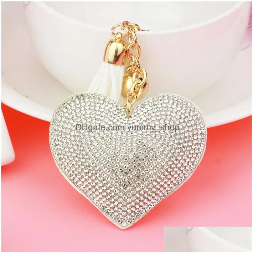 gold crystal heart keychain tassel charm carabiner key rings holder bag hangs fashion jewelry will and sandy drop ship