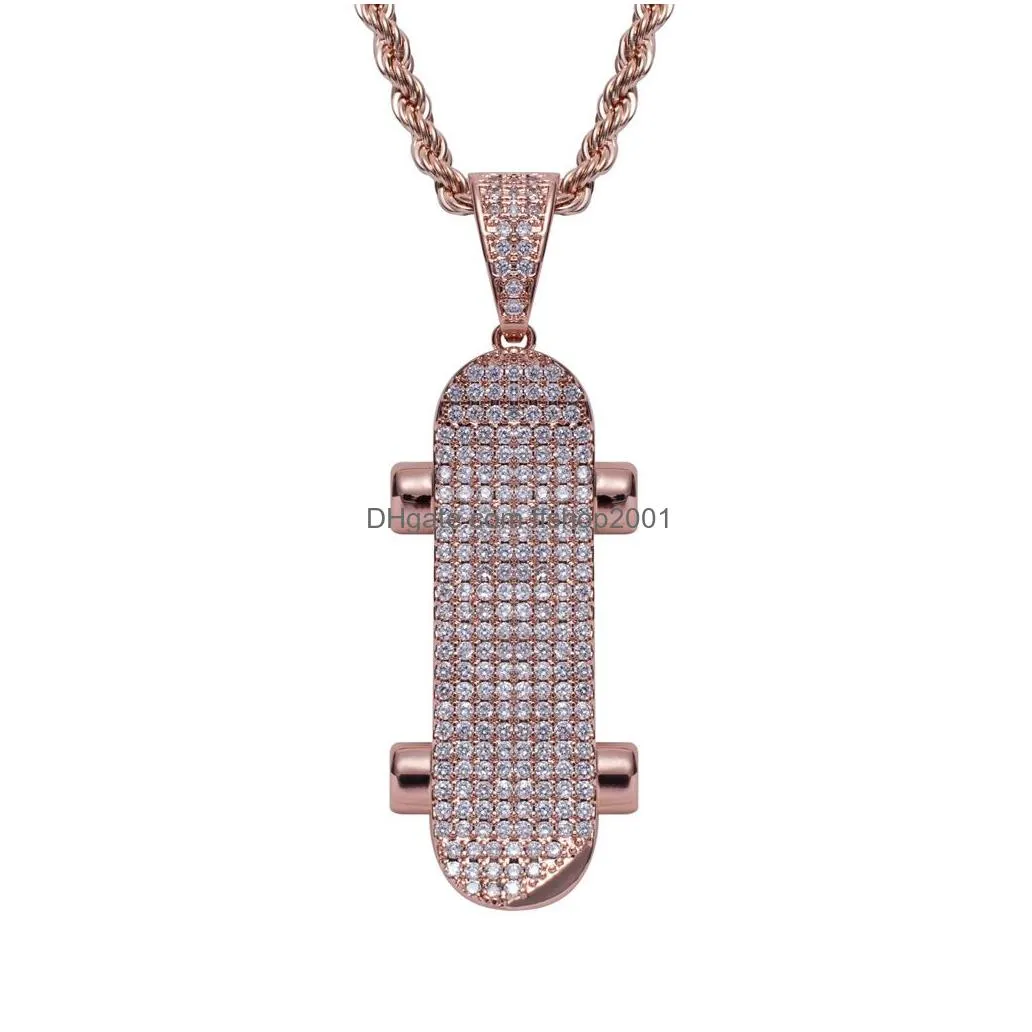 18k gold skateboard necklace nightclub bling diamond cubic zircon pendant necklaces hip hop jewelry set men women stainless steel chain will and