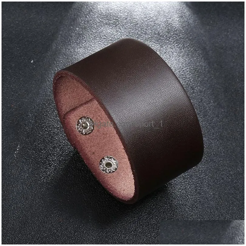 punk simple leather bangle cuff button adjustable bracelet wristand for men women fashion jewelry black