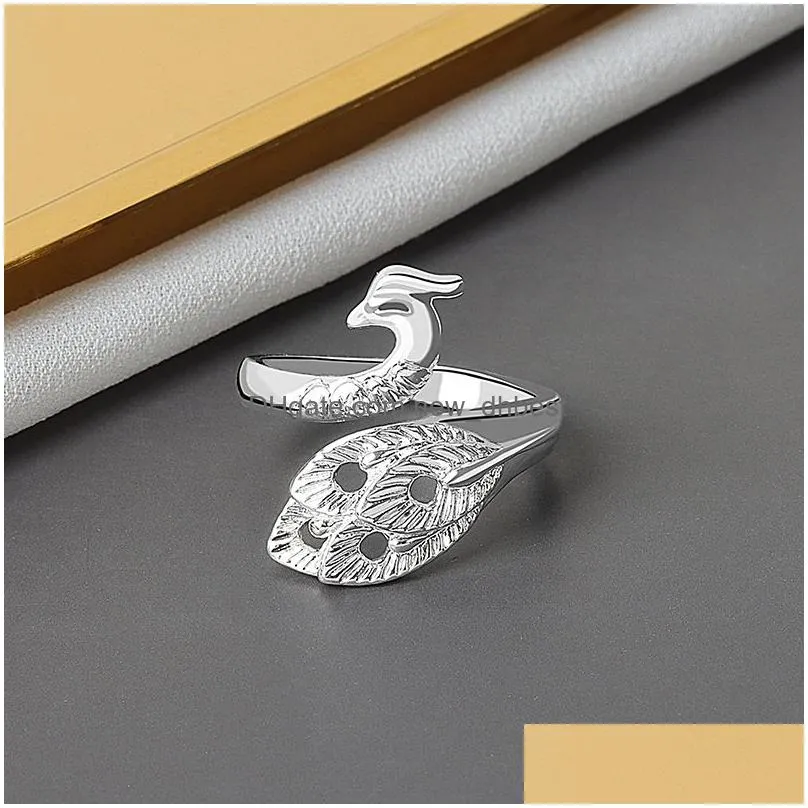 vintage black silver color peacock phoenix bird ring for women size adjustable stainless steel ring boho style female jewelry