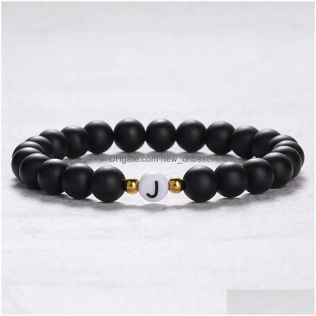 black white natural stone bead bracelet with 26 letters az diy friendship lucky bead bracelet couple kids family gift