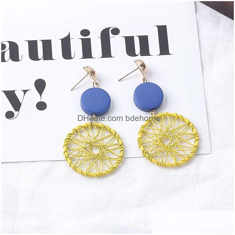 japanese and korean new temperament dangle earring long wooden tassel creative hollow geometric winding dream catcher earrings