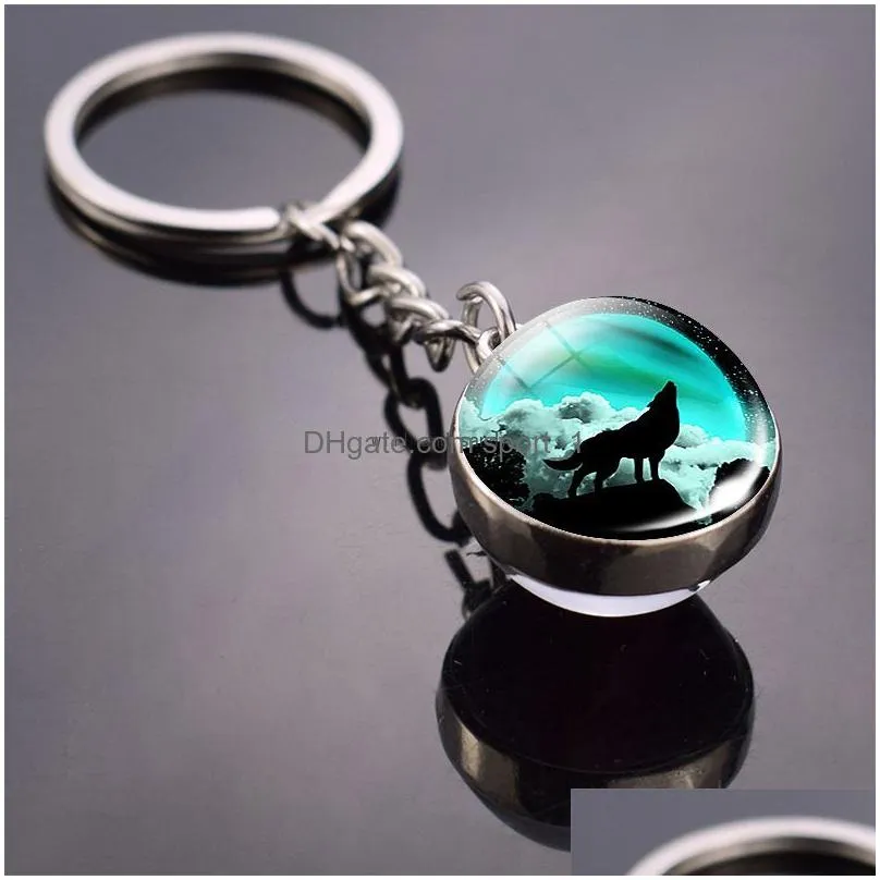 glass cabochon ball animal full moon wolf keychain glass ball double sided time gem key ring bag hanging fashion jewelry will and