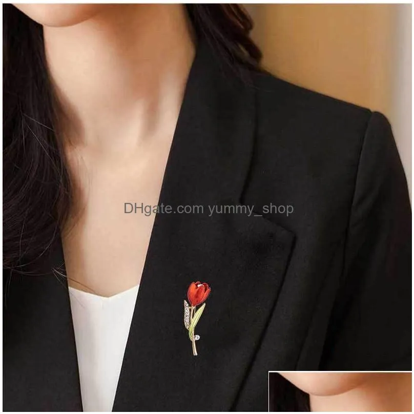 diamond flower tulip brooch pins enamel brooches corsage lapel pin wedding fashion jewelry for women