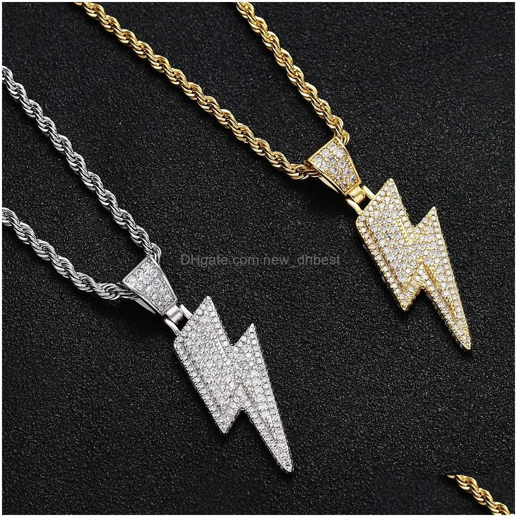 18k gold flash lightning necklace jewelry set diamond cubic zirconia pendant hip hop necklaces bling jewelry for women men stainless steel chain will and