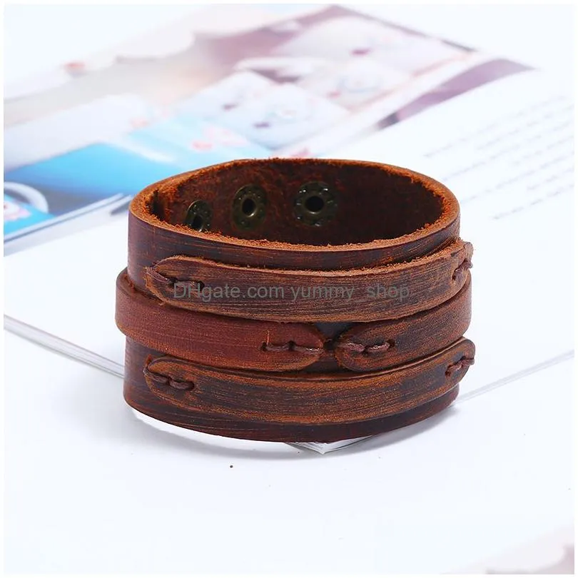 motorcycle wide weave leather bangle cuff multilayer wrap button adjustable bracelet wristand for men women fashion jewelry