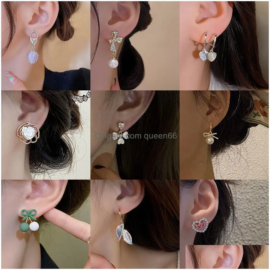 lovely white color flower dangle earrings for women heart flower round leaf triangle pearl bowknot wedding jewelry brincos gift