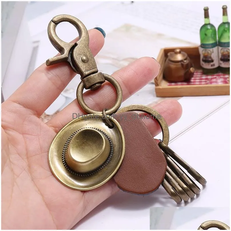 retro anncient bronze  hat lather key ring quicklink keychain holders for men fashion jewelry will and sandy