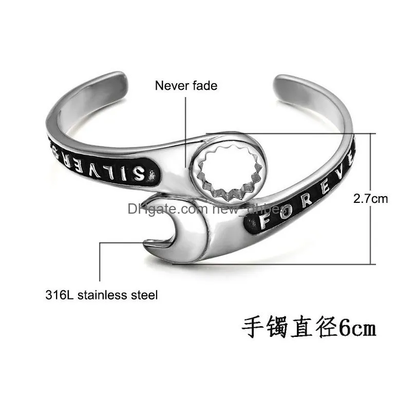 new fashion stainless steel mens hip hop rock wrench open bangle bracelet punk locomotive rapper jewelry birthday gifts for guys