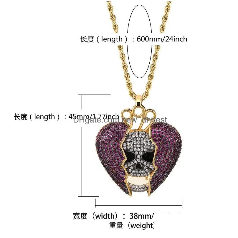 new fashion 18k gold hip hop personalized skeleton broken heart chain necklace colorful iced out purple cz cubic zircon for men and