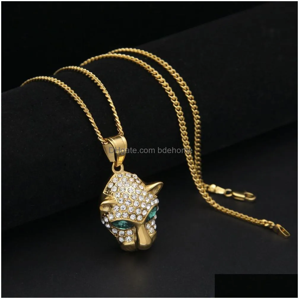 new fashion hip hop mens gold plated bling green diamond eyes leopard cuban chain necklace cartoon animal pendant jewelry for guys for