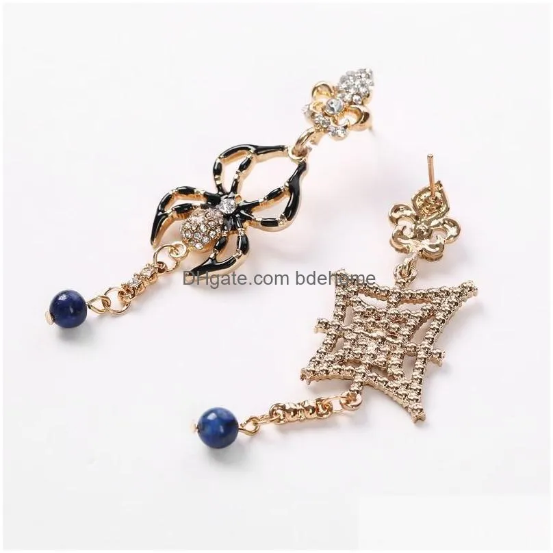new luxury designer womens halloween diamond enamal spider mesh asymmetric single long dangle stud earrings jewelry gifts for women