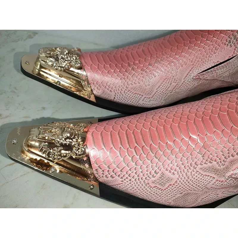 Luxury Handmade Men's Shoes Golden Iron Toe Pink Leather Dress Shoes Men Slip on Party, Wedding Shoes for Men,Big 36-47