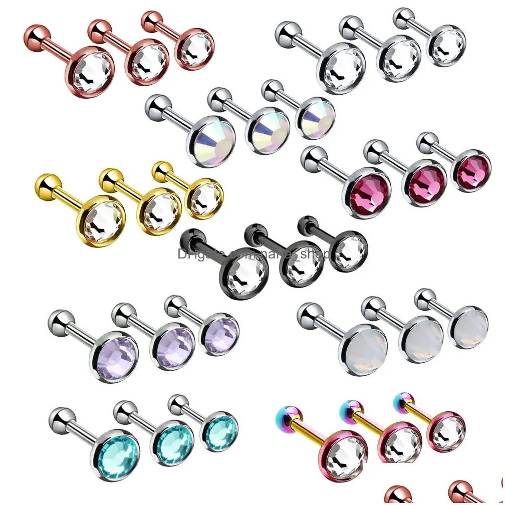 3 pcs per bag stainless steel colorful rhinestone earring studs ear piercing stud earring jewelry allergy proof for men and women