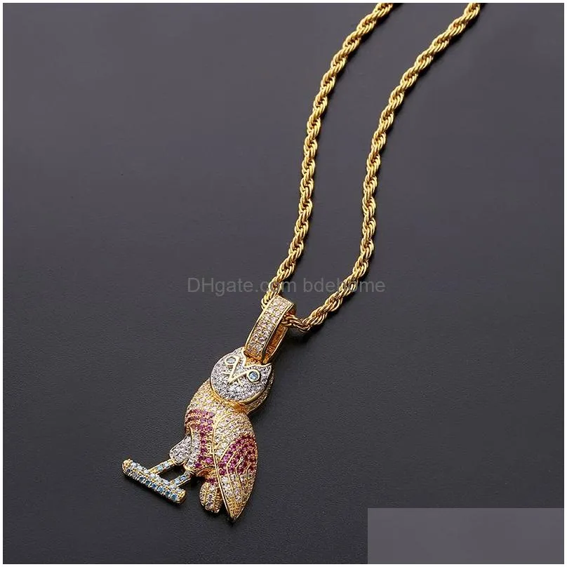 mens hip hop 18k gold multicolor cubic zirconia owl necklace twist chain iced out animal pendant cartoon rapper jewelry gifts for