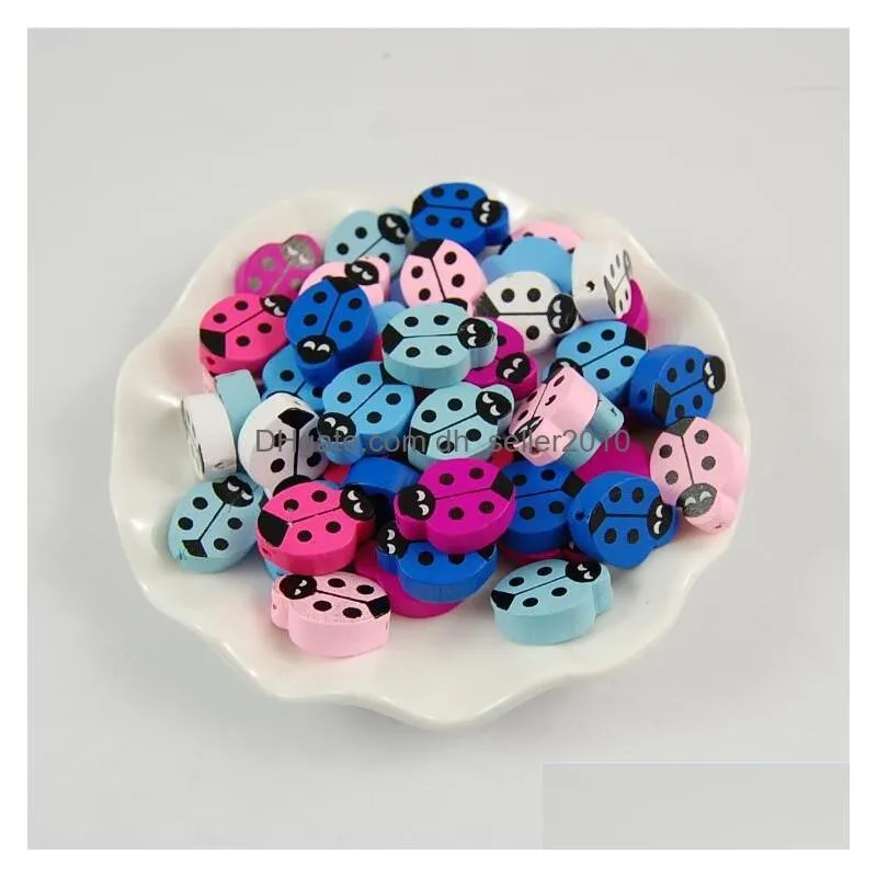 200Pcs 7 Colors 20x14mm One Face Printed Ladybug Wooden Beads Charms Bead Jewelry Accessories for Kids Toy Jewelry DIY Making