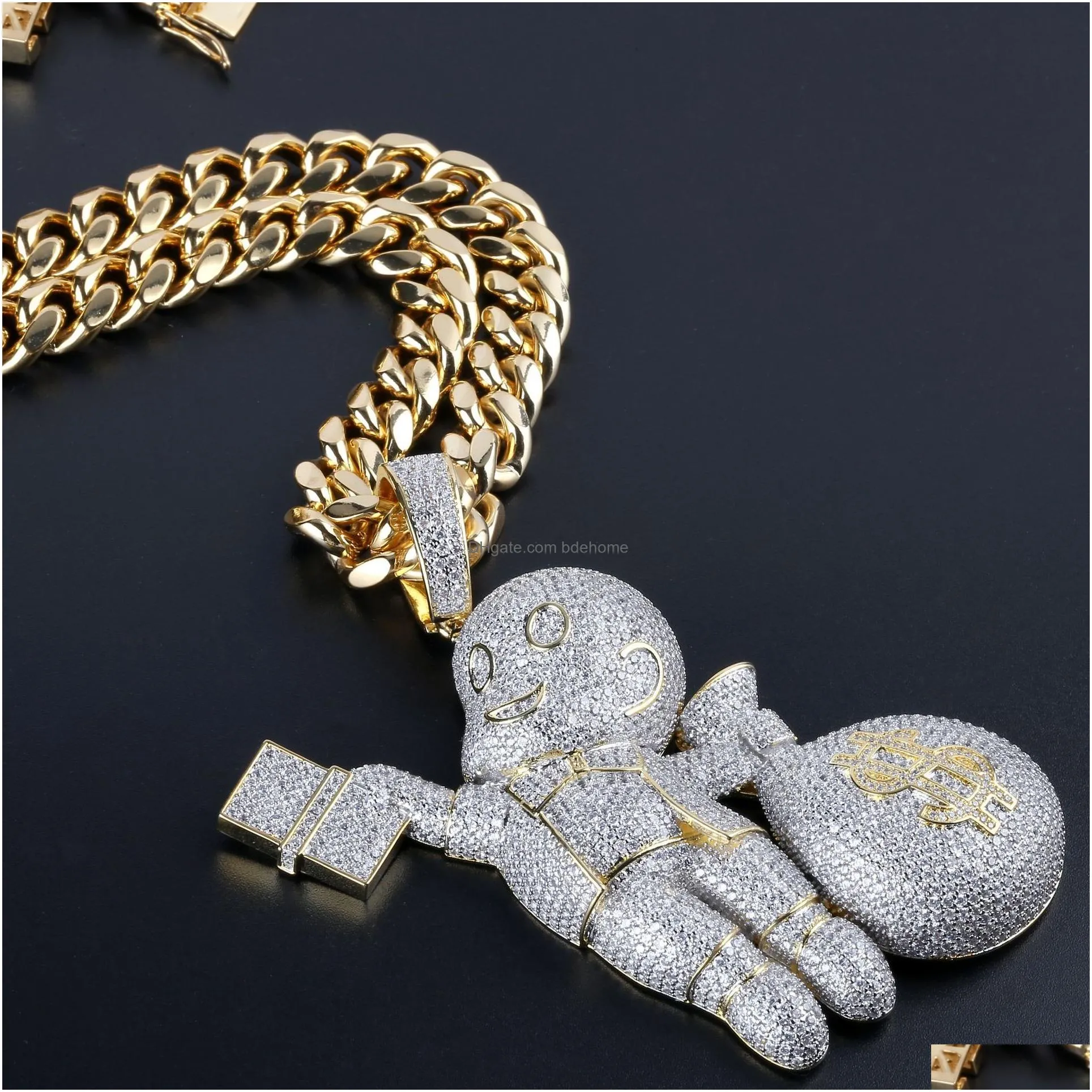 new fashion 18k gold hip hop cartoon big money bag necklace personalized multi color iced out cz zirconia chains jewelry gifts for