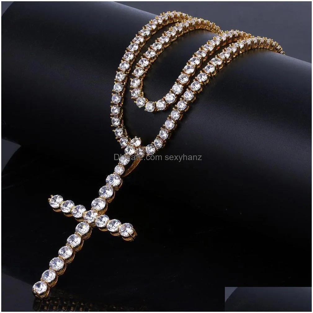 18k gold iced out cz cubic zirconia cross pendant necklace tennis chains for men and women full diamond hiphop rapper jewelry lovers